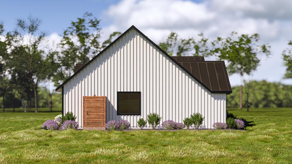 Modern Farmhouse house plan exterior with vertical siding, a gable roof, and a wood door.