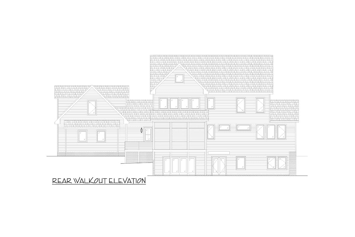 Rear walkout elevation drawing showing a multi-story house with gables, varied window configurations, and a screened porch.