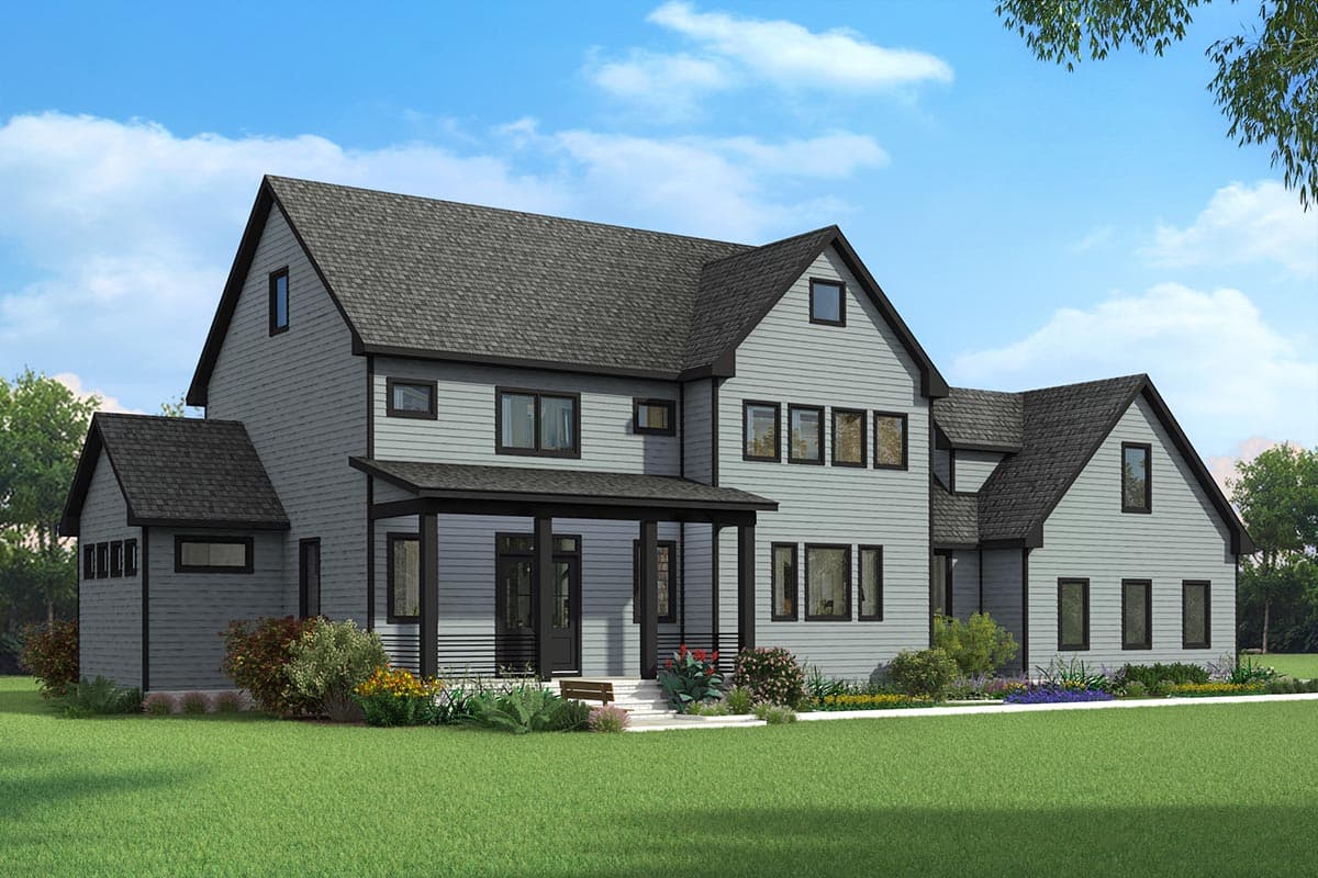 House plan exterior. Two-story Modern Farmhouse with gables, a covered porch, and a multi-pane window arrangement.