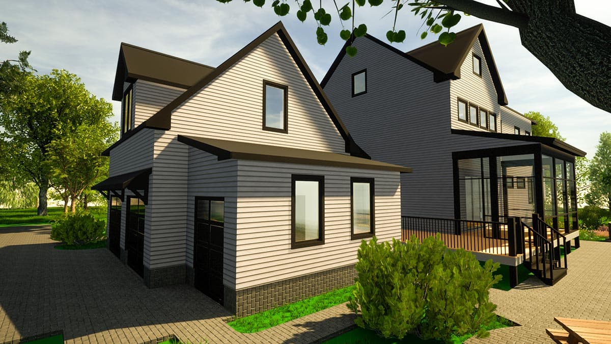 Modern Farmhouse house plan exterior with two stories, gabled roof, three-car garage, and sunroom.