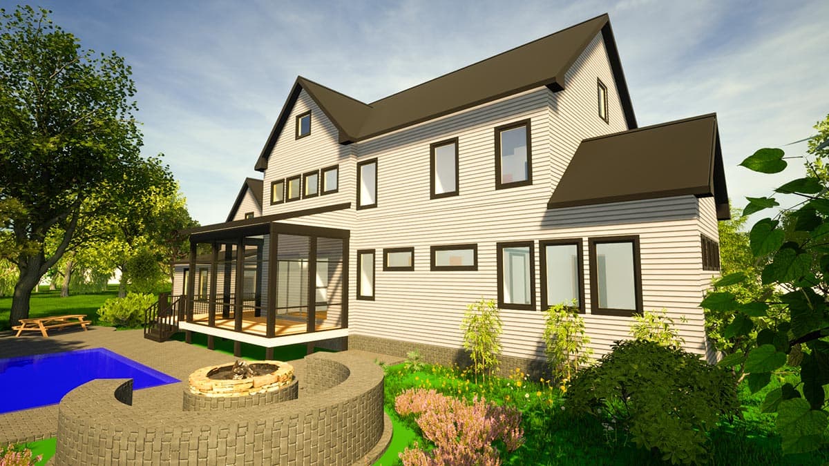 Two-story house plan exterior with gabled roof, horizontal siding, multiple gables, and a screened porch.