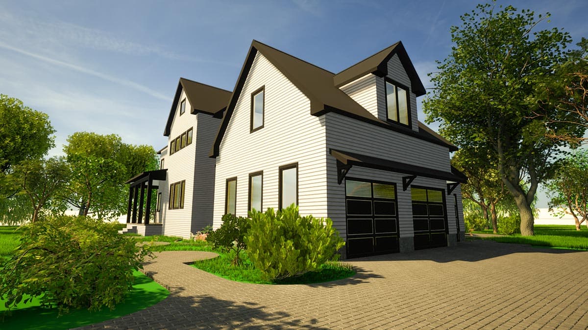 House plan exterior rendering shows a two-story Modern Farmhouse with a gabled roof, siding, a covered porch, and a double garage.