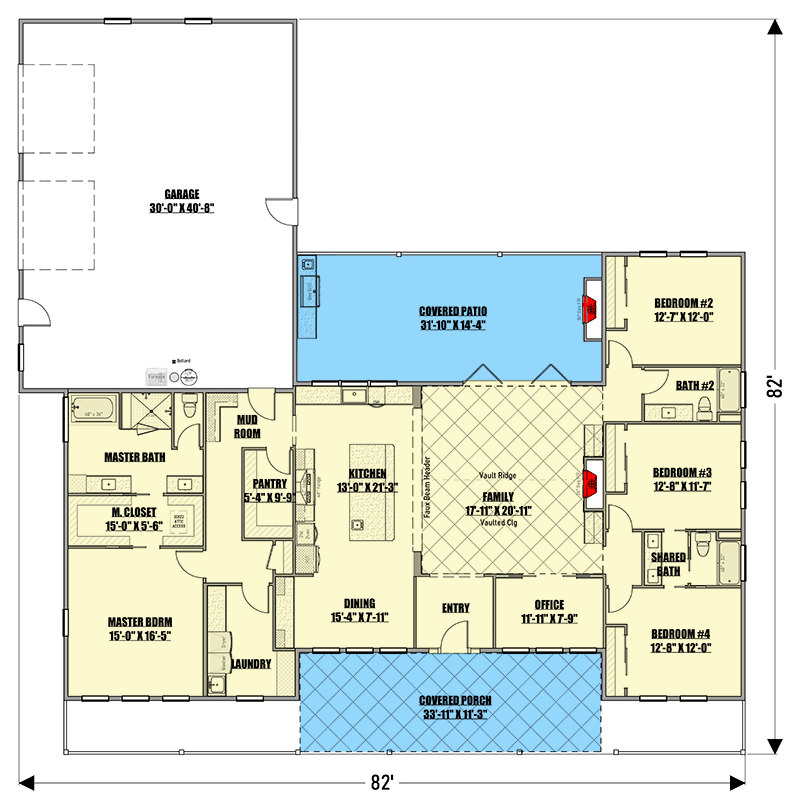 Plan 400018FTY: 4 Bed 2701 Square Foot Rustic Country Home Plan with Vaulted Family Room and Home Office - Floor Plan - Main Level - Country, Ranch, Rustic