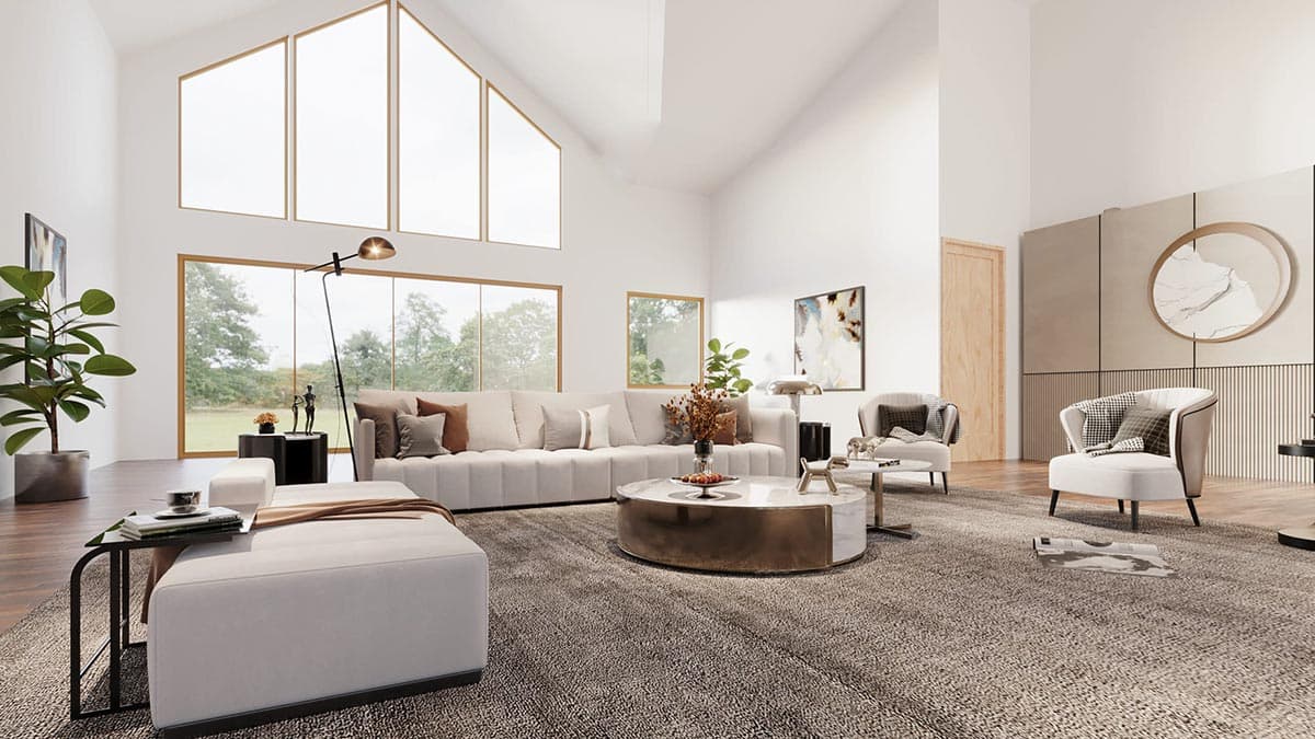 Interior rendering of a great room with vaulted ceiling, large windows, sectional sofa, coffee table, and seating.