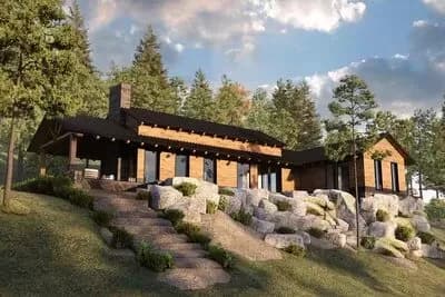 Contemporary Lake House Plan with a Two-Way Fireplace and Wraparound Porch - 1709 Sq Ft