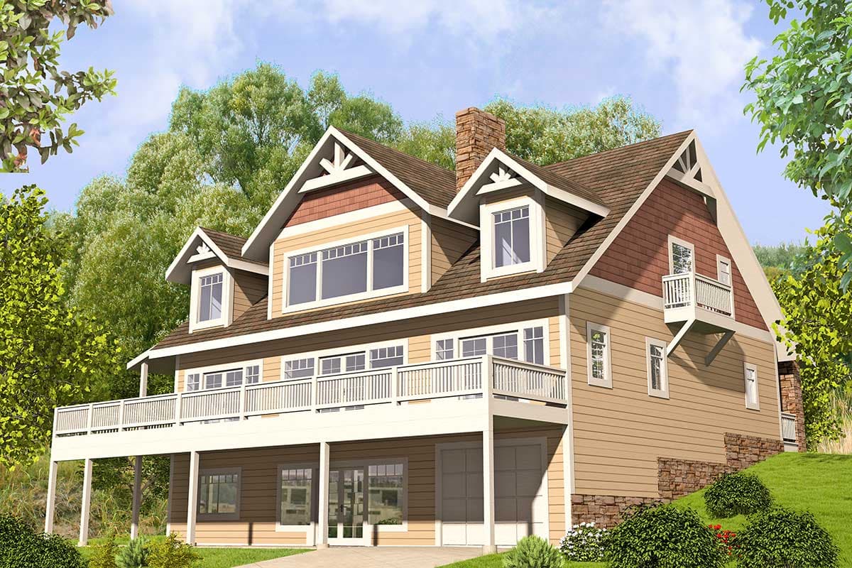 House plan exterior, two-story Modern Farmhouse style with wraparound deck, multiple gables, and stone foundation.