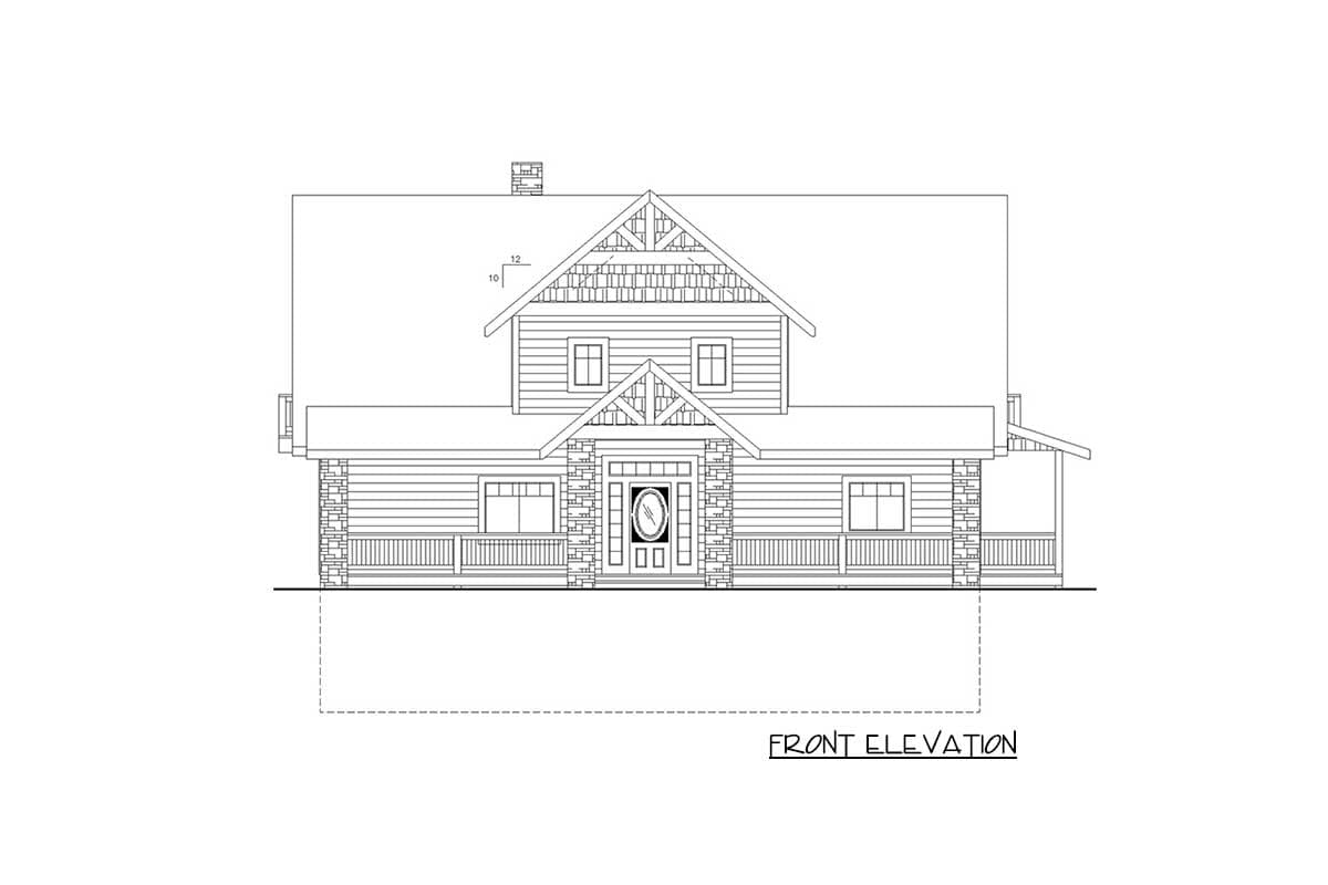Front elevation drawing of a two-story house with a covered porch, stone accents, and prominent gable.