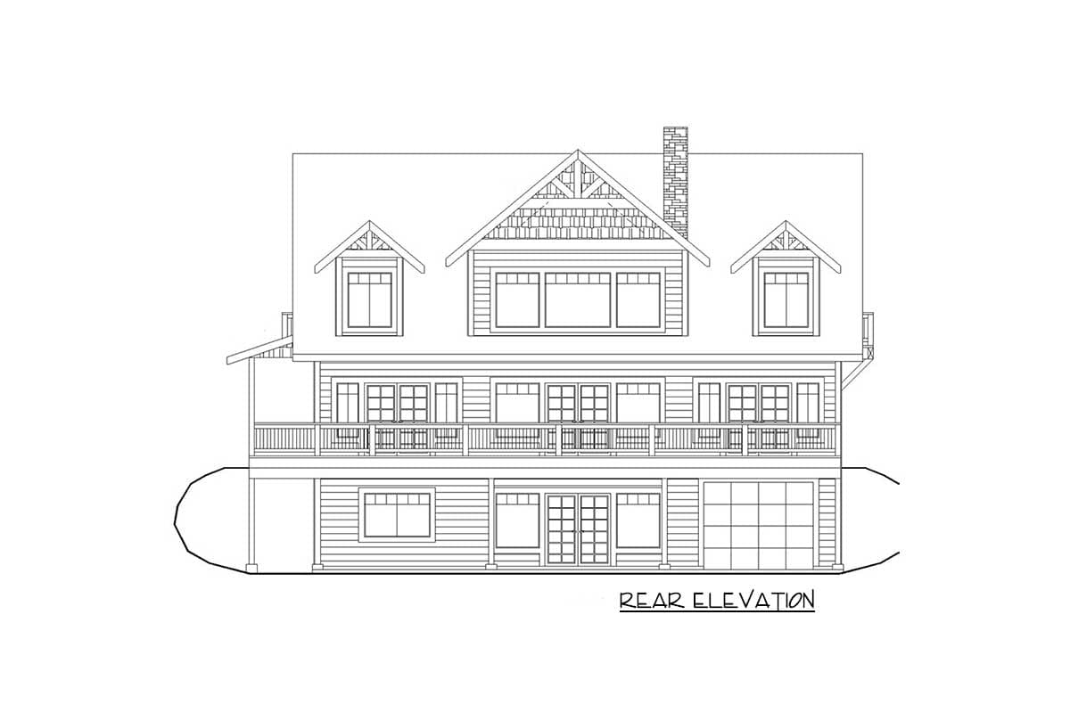 Rear elevation drawing of a house plan with a prominent gable, dormers, large wrap-around porch, and a garage.