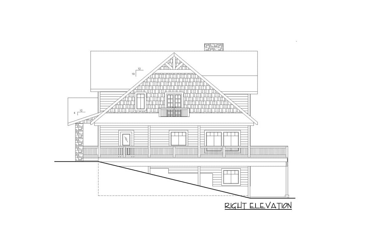 House plan right elevation with stone accents, covered porch, gables, and dormers.