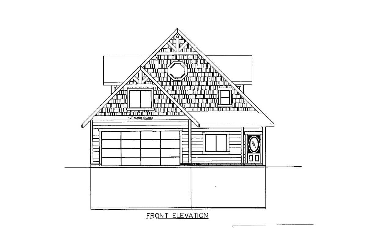 Front elevation drawing of a two-story house plan with a gabled roof, dormer, octagon window, garage, and front door.