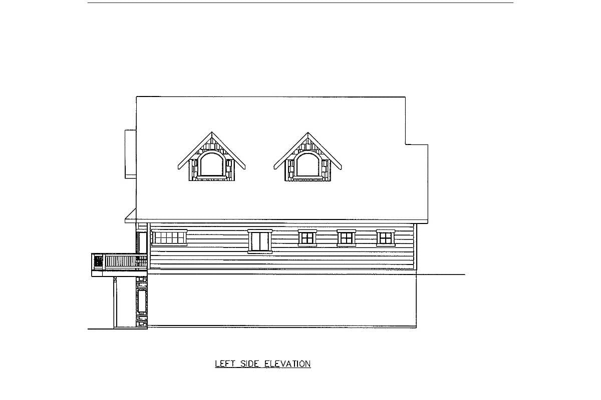 Left side elevation drawing of a house plan showing a deck, dormers, and horizontal siding.