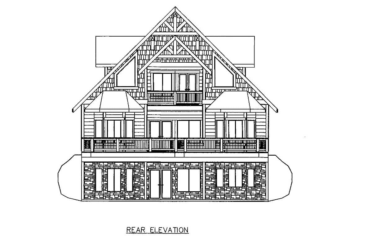 Rear elevation drawing of a two-story house with stone foundation, multiple gables, and a wraparound porch.