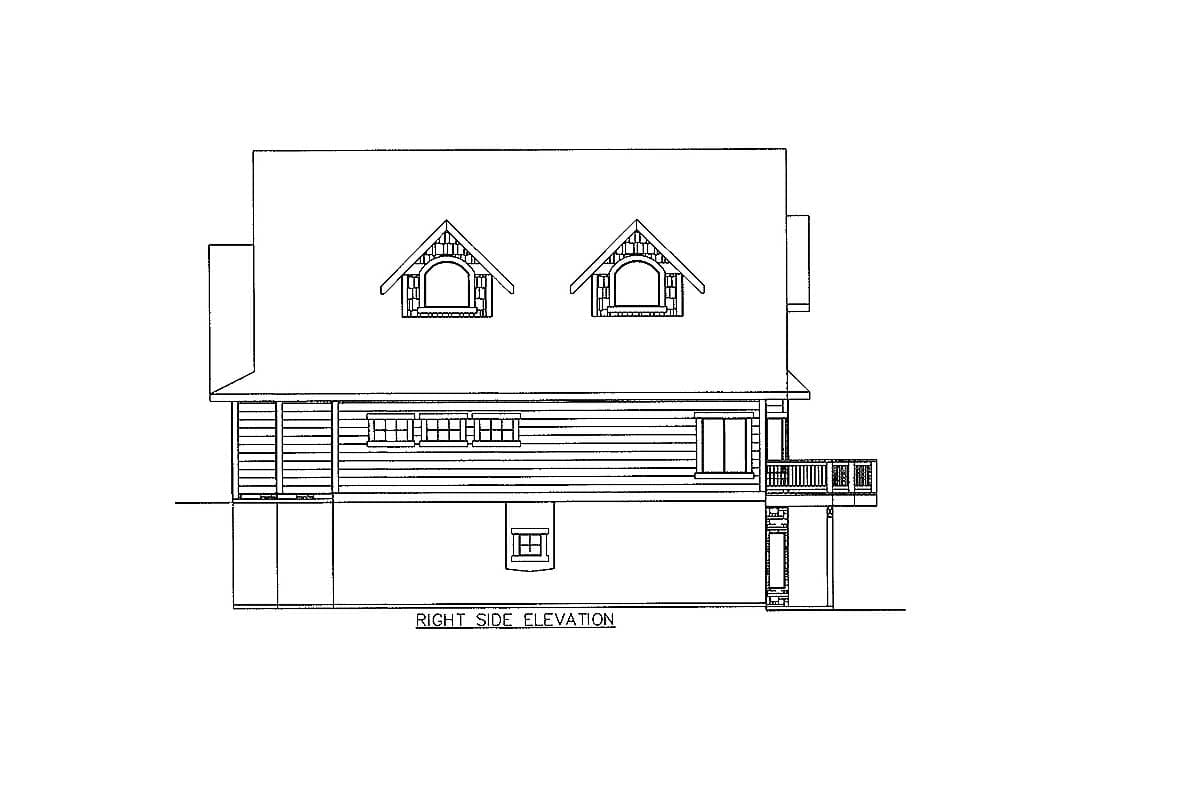 Right side elevation house plan featuring dormers, horizontal siding, a deck, and basement windows.