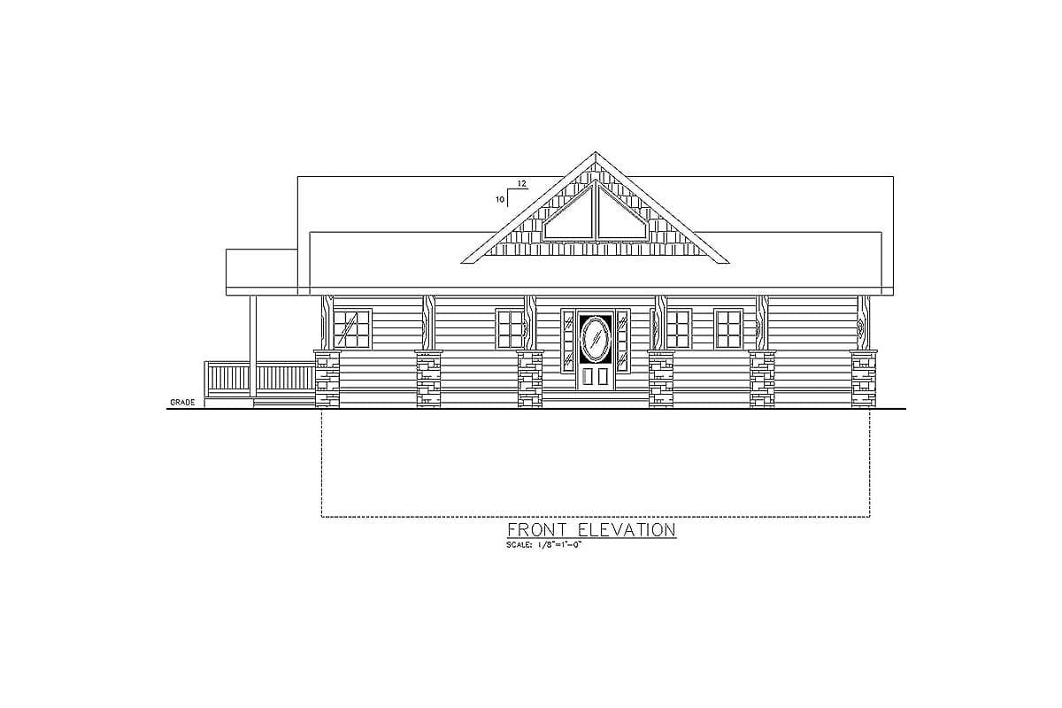 Front elevation drawing of a log home with a covered porch, gable dormer, and double front doors.