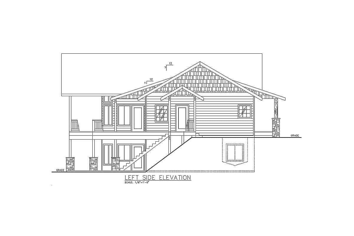 Left side elevation architectural drawing showing a two-story house with a covered porch, gables, and detailed rooflines.