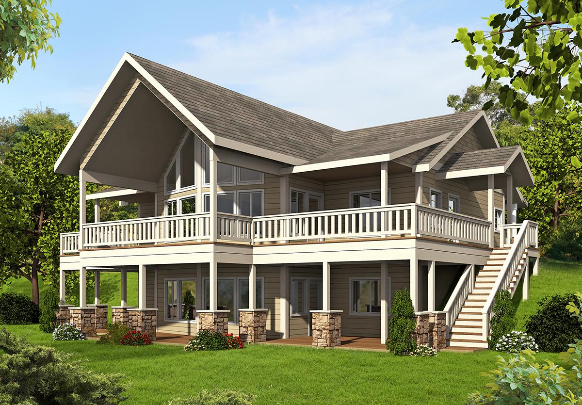 House plan exterior with a main floor deck, covered porch, stone column accents, and a prominent gable with vertical windows.