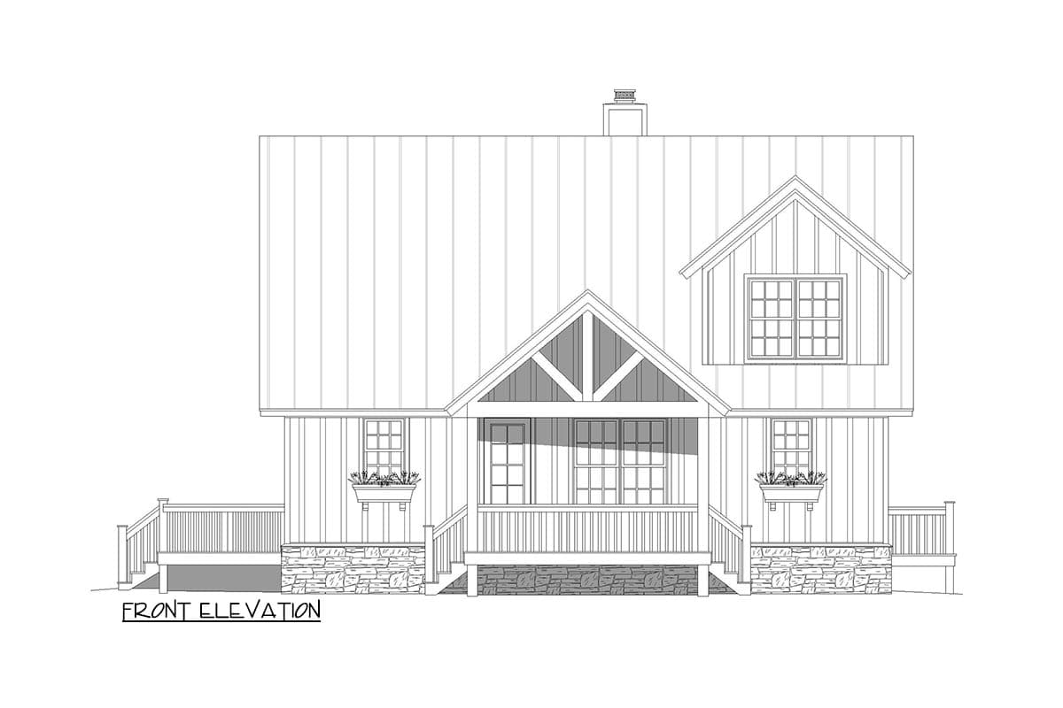 Front elevation drawing of a house with a covered porch, stone foundation, gabled dormer, and vertical siding.