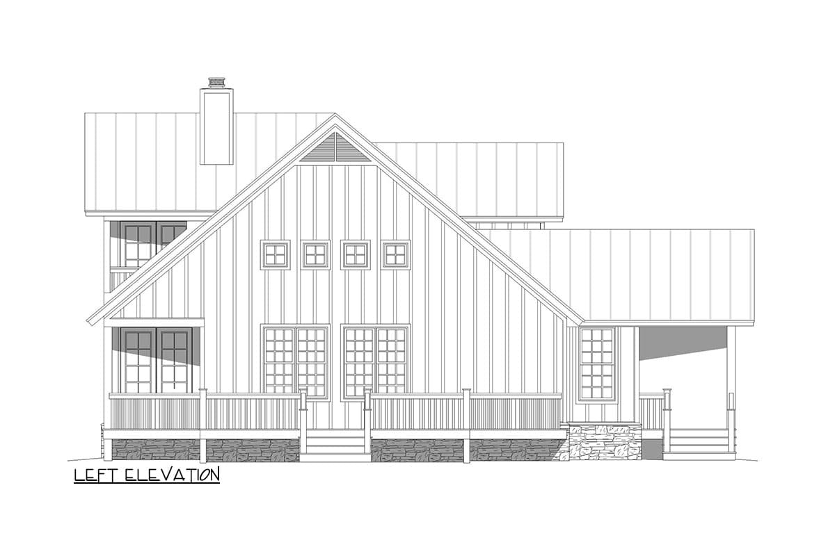 Left elevation house plan featuring a steeply pitched gable roof, vertical siding, porch with stone foundation, and multiple window types.