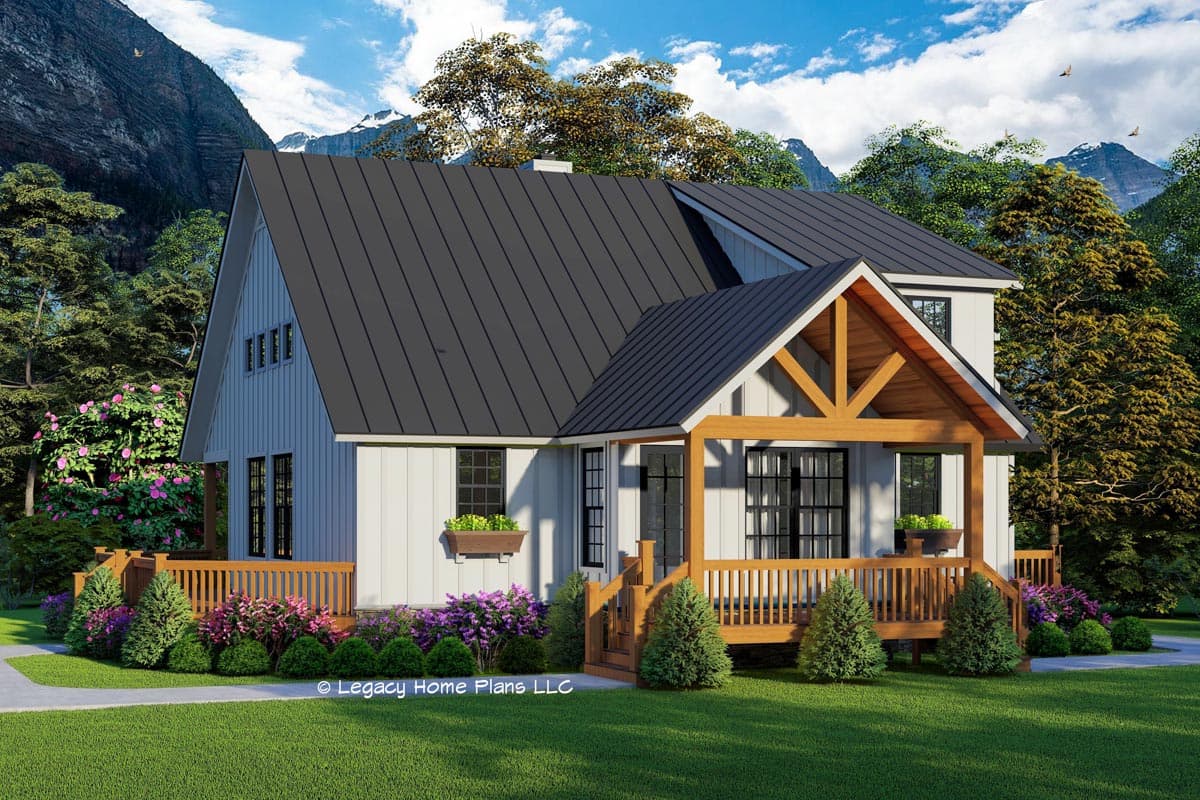 House plan exterior. Two-story farmhouse with a front porch, gabled roof, and wood trim. Board and batten siding.