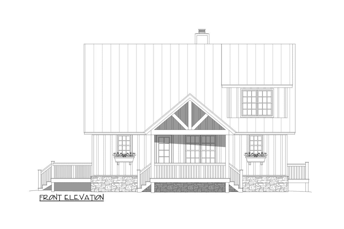 Front elevation drawing of a house plan with a gabled entrance porch, stone foundation, and vertical siding.