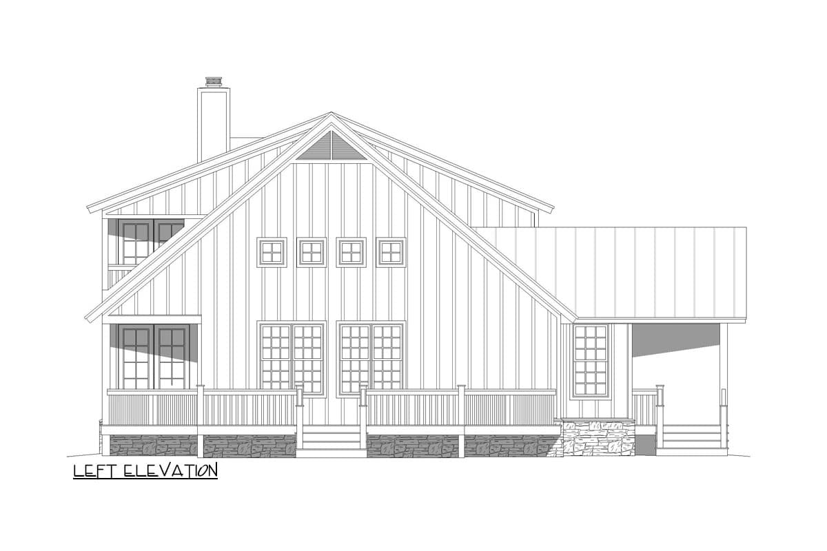 Left elevation house plan drawing shows a multi-story home with a prominent gable, a porch, and stone foundation.