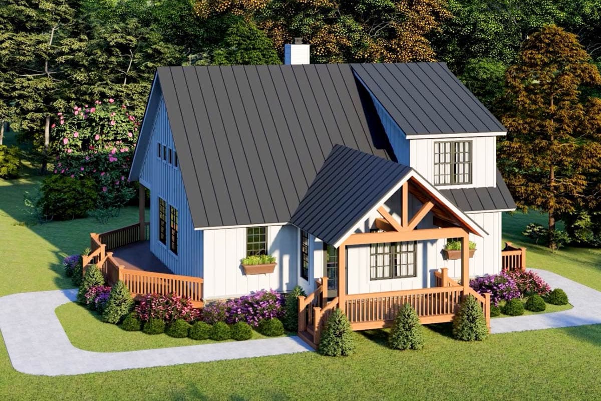 House plan exterior: Modern Farmhouse style, two stories, metal roof, wrap-around deck, gabled front porch with exposed beams.
