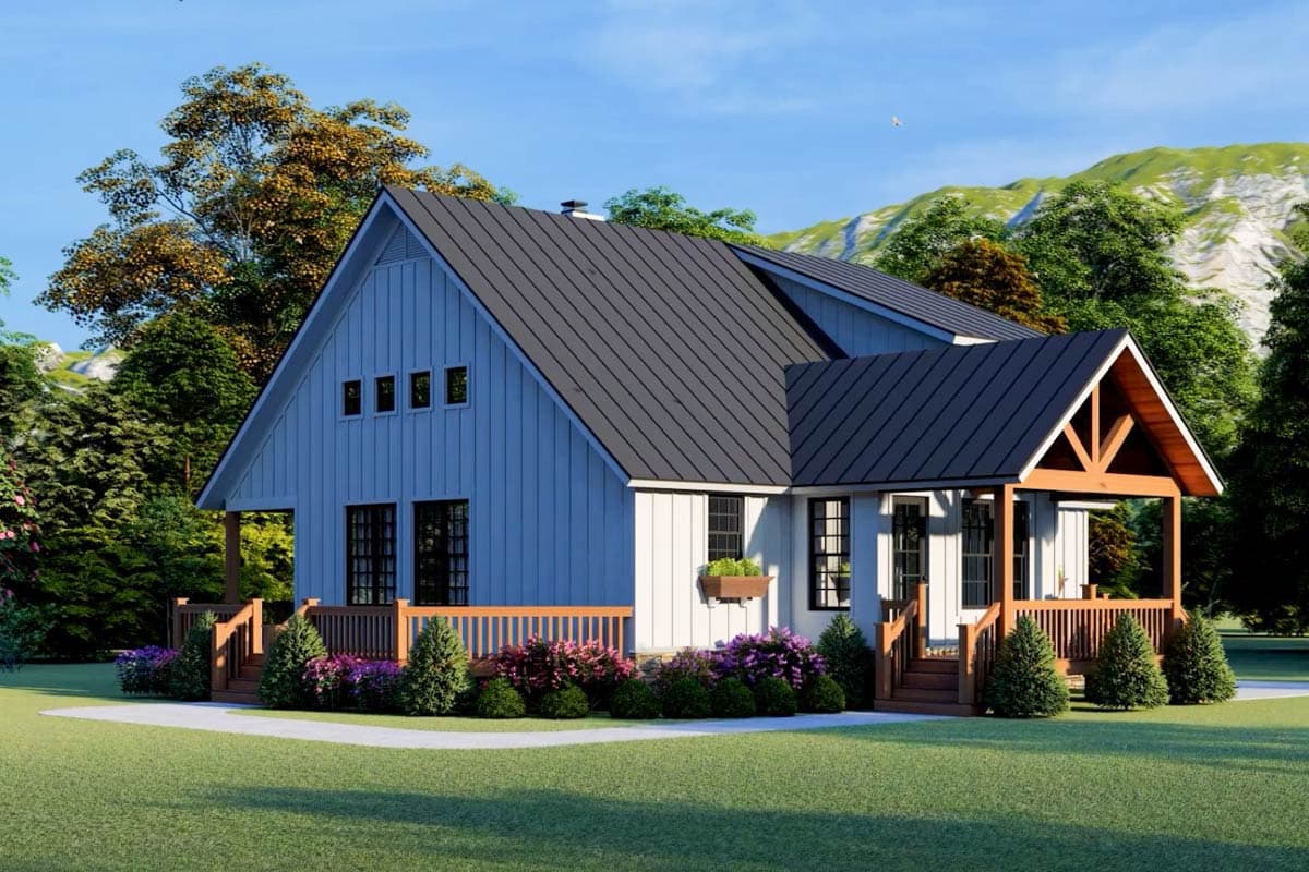 Modern Farmhouse house plan exterior with a wraparound porch, gabled roof, and vertical siding.
