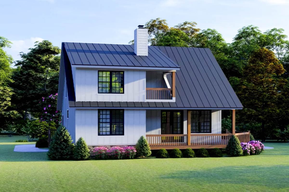 House plan exterior featuring a two-story A-frame design with a metal roof, front porch, balcony, and chimney.