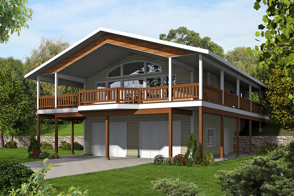 House plan exterior featuring a two-story design with a wraparound porch, gabled roof, and a three-car garage.