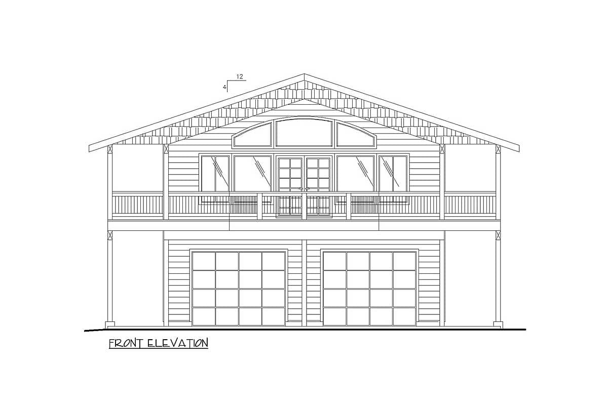 Front elevation drawing of a two-story house with a gable roof, double garage doors, and a wrap-around porch.