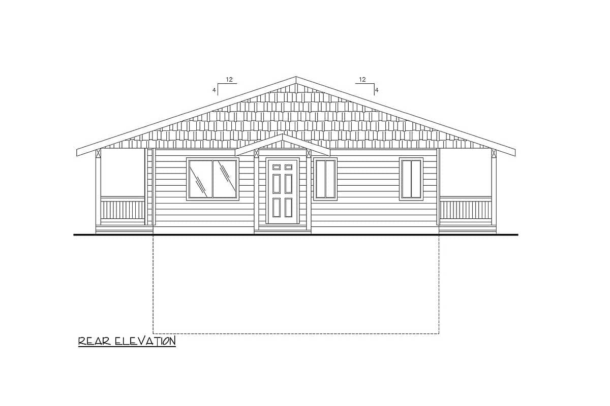 Front elevation drawing of a one-story house with a prominent gable, shingled roof, and covered porches on each side of the entrance.