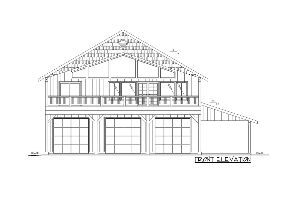 Front elevation drawing of a two-story house plan with three garage doors, a balcony, and large upper-level windows.