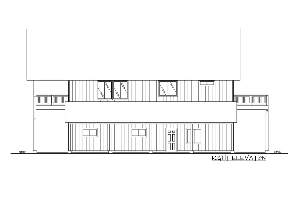 Right elevation of a house plan featuring two stories, multiple windows, a central double door, and decks on both sides.