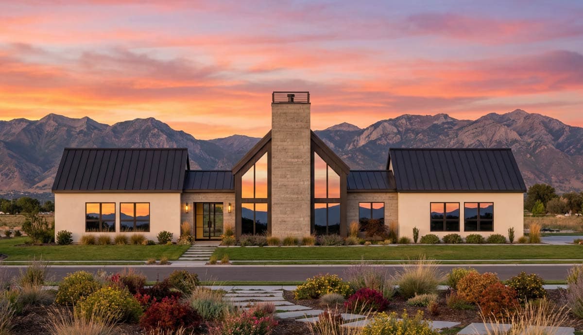 Modern house plan exterior with pitched metal roofs, large gables, central stone chimney, and expansive windows.