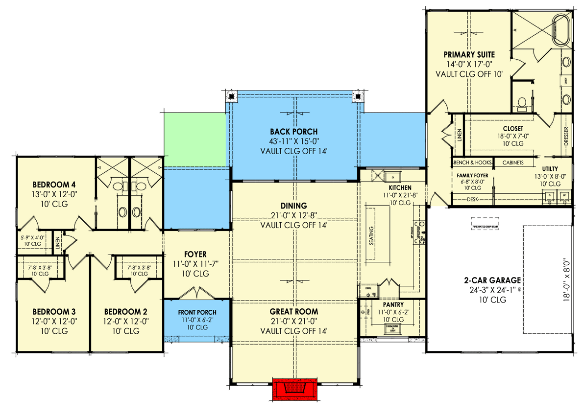 Plan 818078JSS: Symmetrical Scandinavian House Plan with Split Beds and Vaulted Living Spaces - Floor Plan - Main Level - Contemporary, Farmhouse, Modern, Modern Farmhouse, Scandinavian