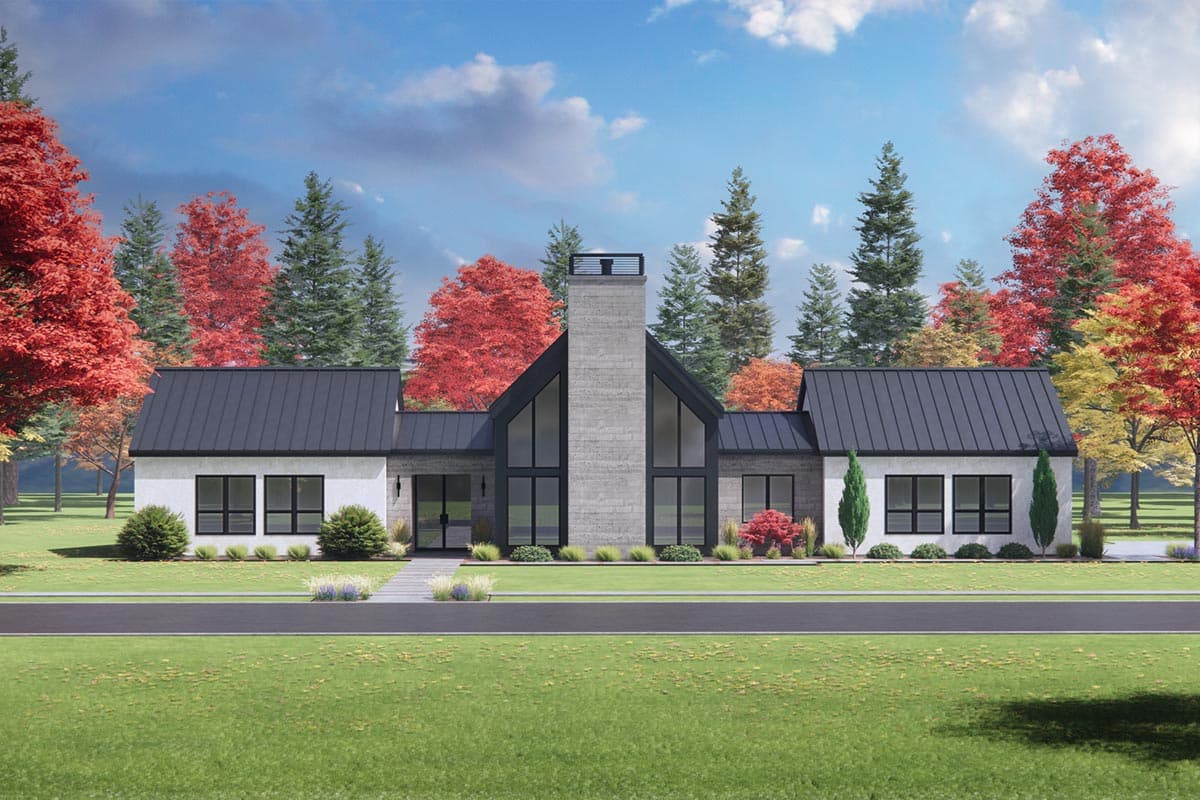 House plan exterior with modern farmhouse style. Features include a prominent chimney, dark metal roof, and large windows. Single story.