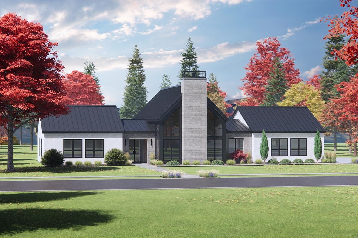 House plan exterior: Modern style, one-story, featuring a prominent concrete chimney, black metal roof, and large windows.