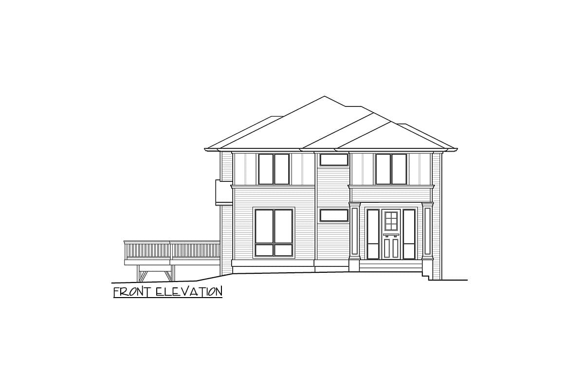 Front elevation drawing of a two-story house plan with a deck, prominent entryway, and multiple windows.