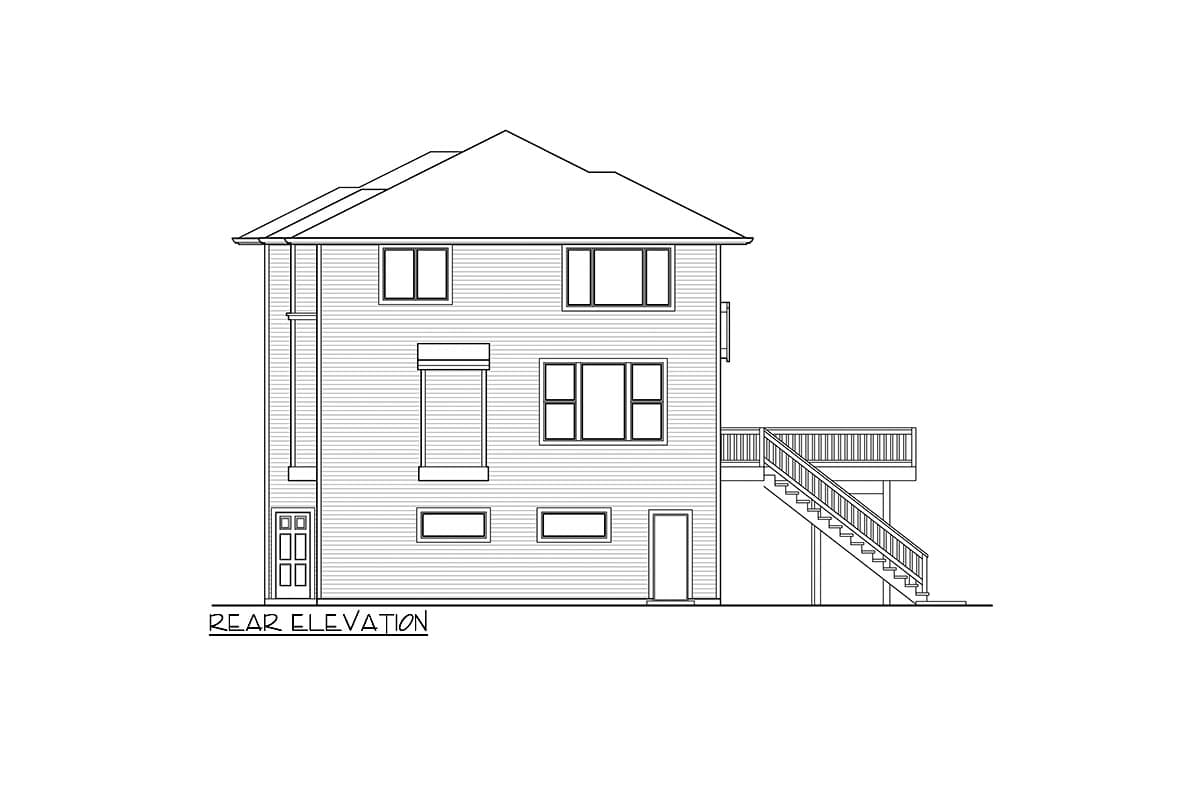 Rear elevation house plan: two-story, horizontal siding, multiple windows, double doors, and a deck with stairs.