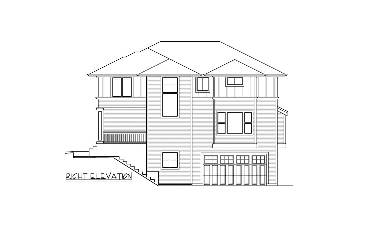 Right elevation drawing of a two-story house plan with a multi-gabled roof, multiple windows, a covered porch, and a two-car garage.
