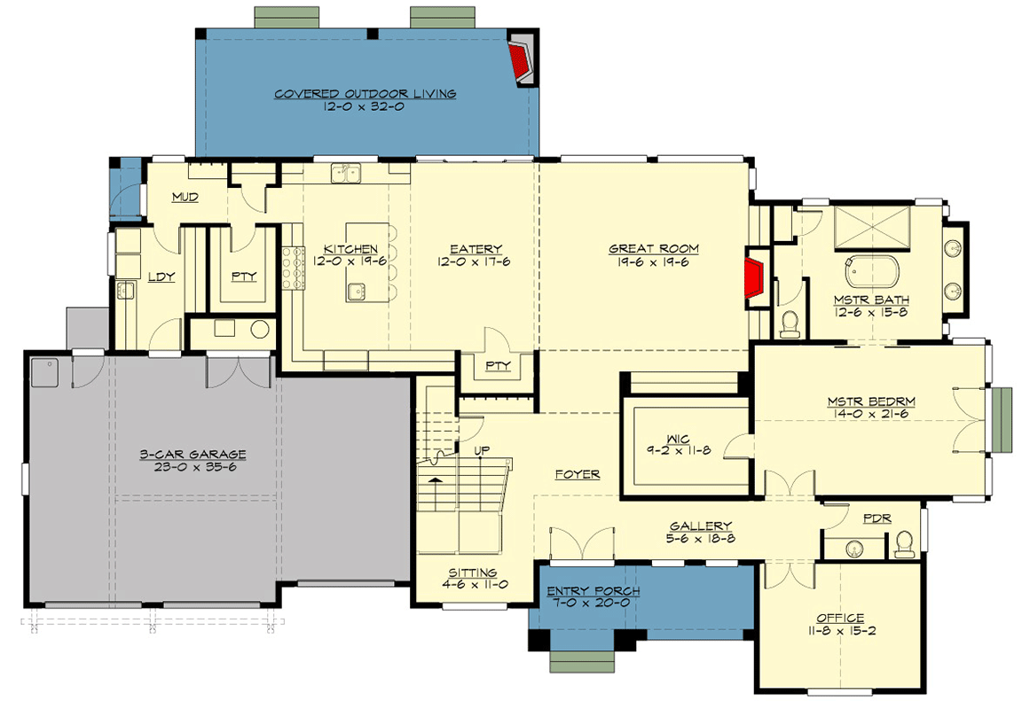 Plan 23939JD: 4100 Square Foot Modern Farmhouse with 2-Story Great Room and Upstairs Rec/Media Room - Floor Plan - Main Level - Contemporary, Modern Farmhouse, New American