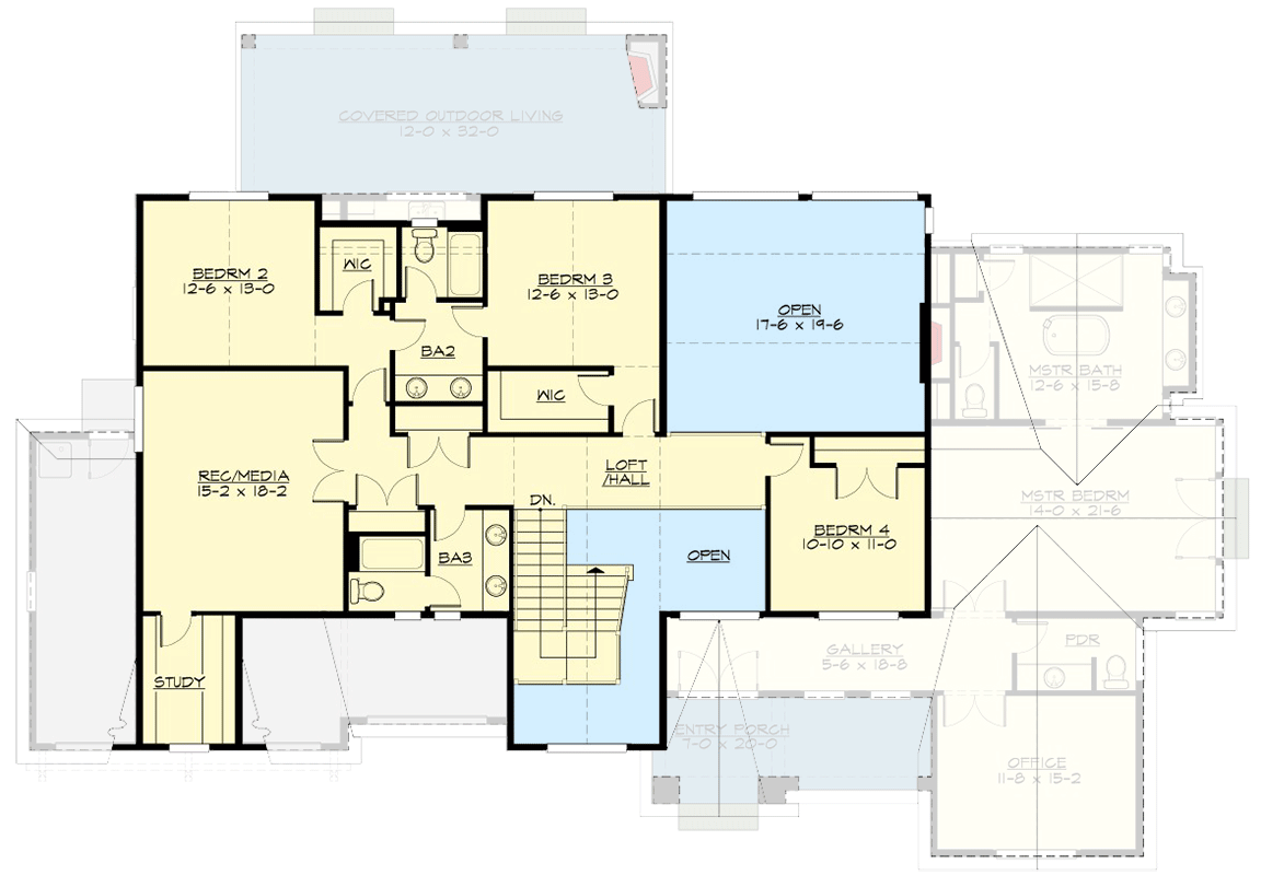 Plan 23939JD: 4100 Square Foot Modern Farmhouse with 2-Story Great Room and Upstairs Rec/Media Room - Floor Plan - 2nd Floor - Contemporary, Modern Farmhouse, New American