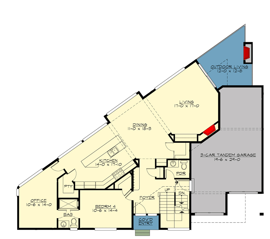 Plan 23940JD: 6 Bed Modern Home Plan for the Triangular Lot with Two Laundry Rooms  - Floor Plan - 1st Floor - Contemporary, Mid Century Modern, Modern, Northwest