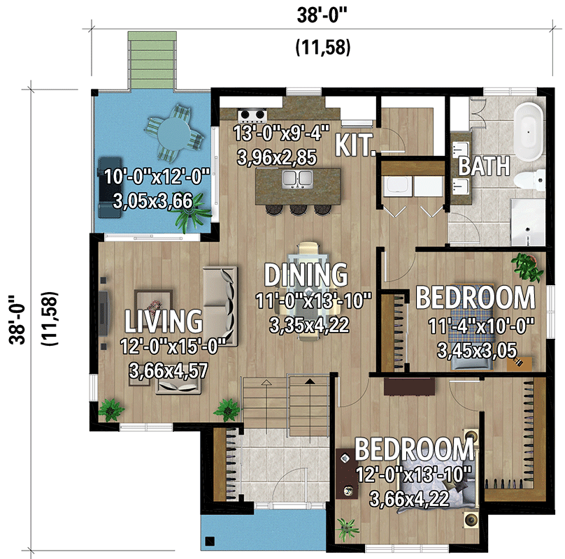 Plan 801133PM: 1186 Modern New American House Plan with Open Concept Core and 2 Bedrooms - Floor Plan - Main Level - Modern Farmhouse, New American, Transitional