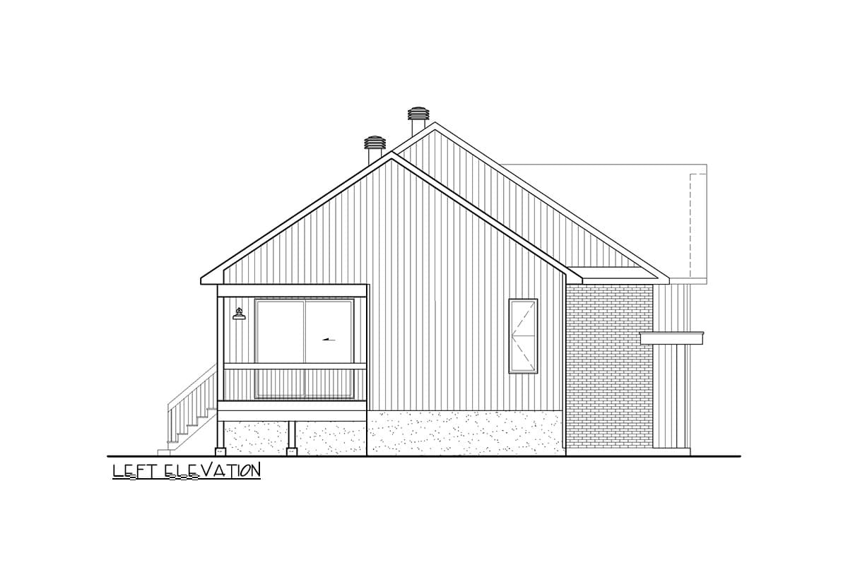 Left elevation drawing showing a house plan with gabled roof, porch, two chimneys, and brick wainscoting.