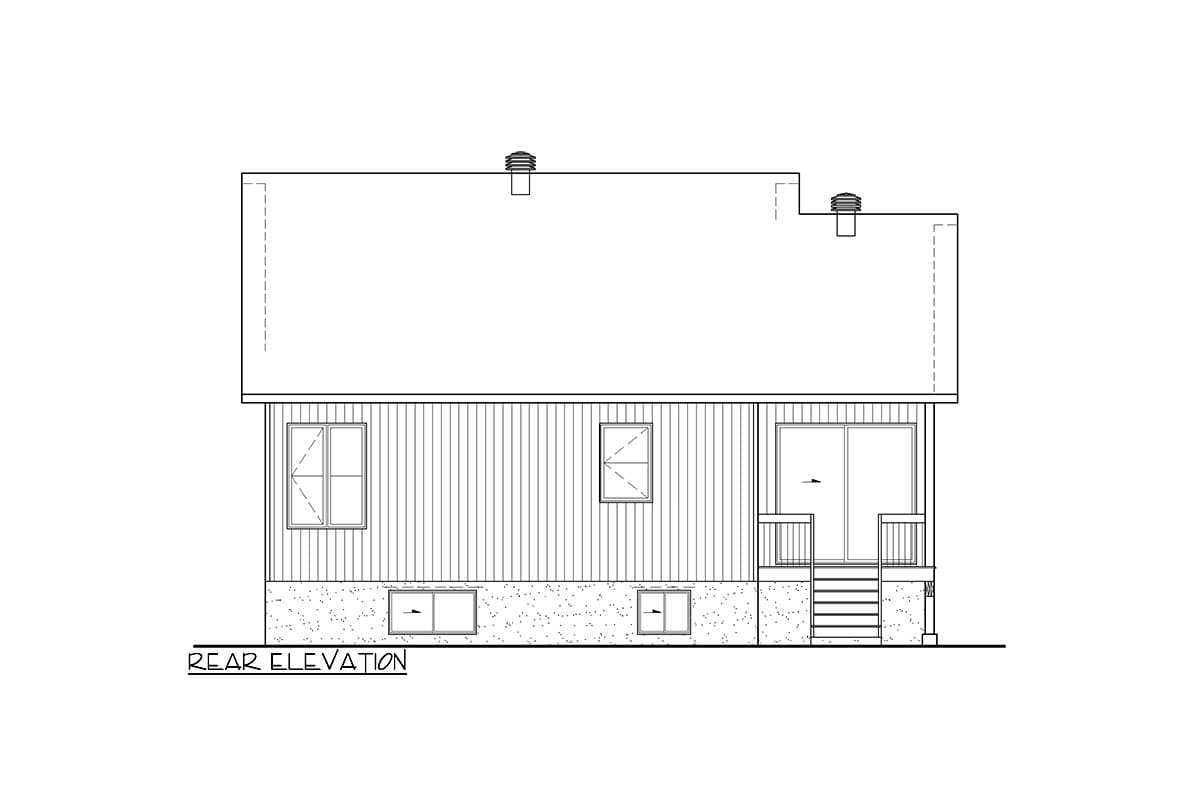 Rear elevation drawing of a house plan, showing vertical siding, windows, sliding doors, and a porch with stairs.