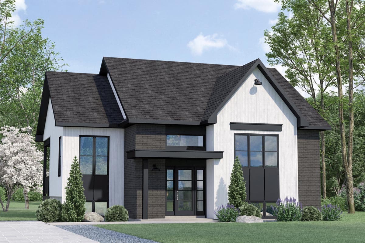 House plan exterior. Modern farmhouse style with two stories, gabled roof, and dark trim. Features include large windows and covered entry.
