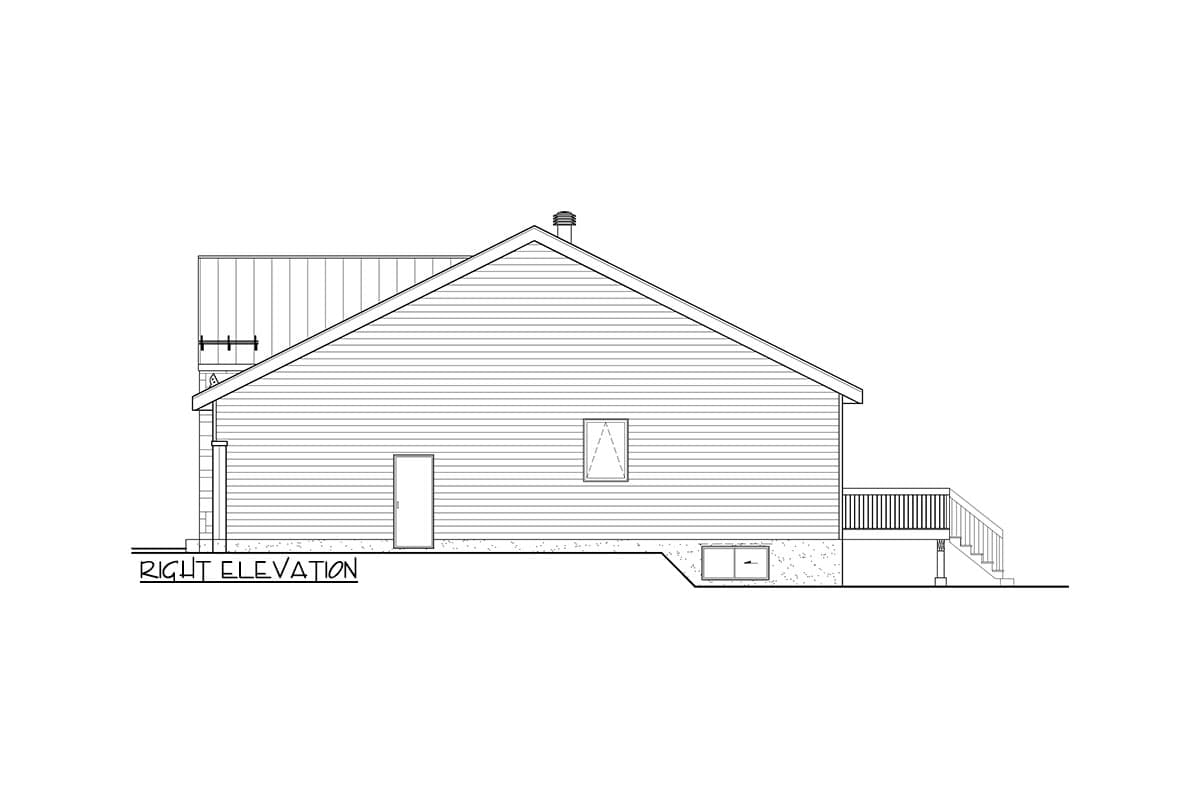 Right elevation drawing of a house plan featuring horizontal siding, a peaked roof with chimney, one door, one window, and a deck.