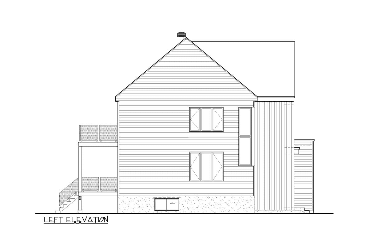Left elevation house plan showing two stories, siding, a gabled roof, multiple windows, and a two-level balcony with railings.