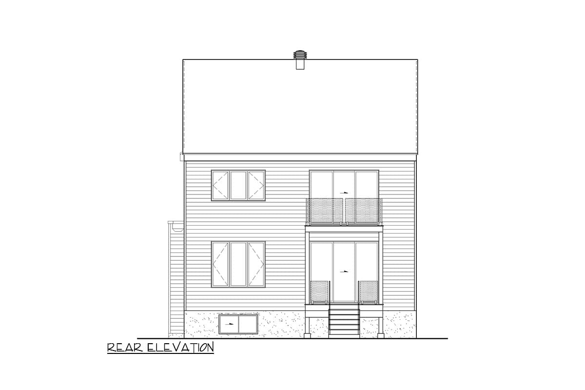 Rear elevation drawing of a two-story house plan with siding, two upper windows, two sliding doors, and two balconies.